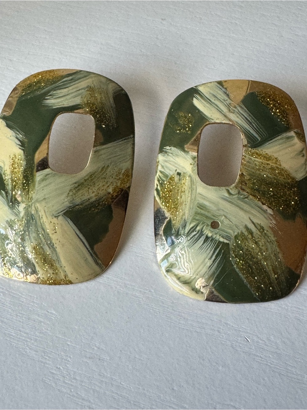 Vintage 1980s Abstract Painterly Green & Gold Statement Earrings